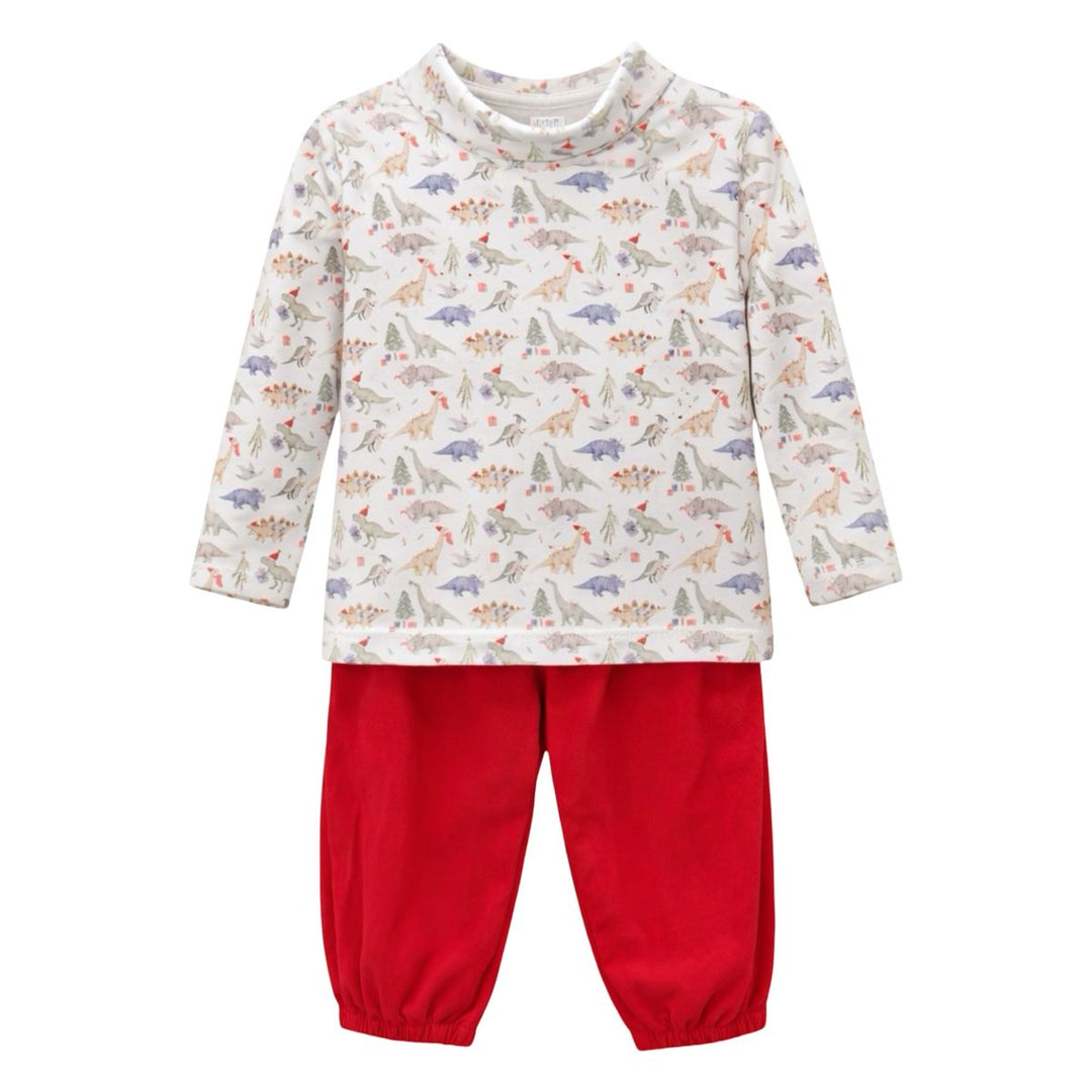 A toddler's two-piece clothing set featuring a long-sleeve mock-neck top with a colorful dinosaur print on an off-white background, paired with solid bright red pants.