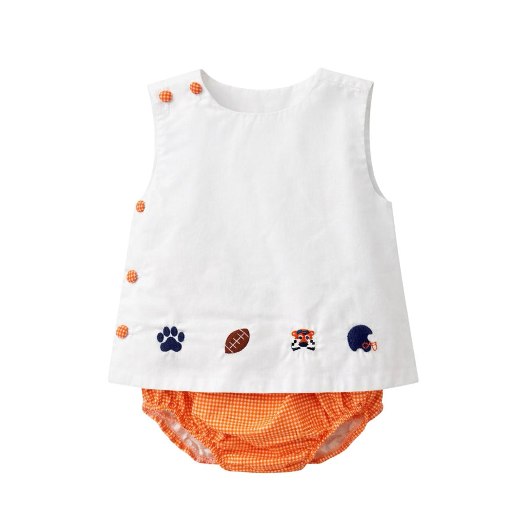 A baby outfit set featuring a white sleeveless top with orange buttons and embroidered sports motifs, paired with orange and white checkered bloomers, shown on a plain white background.