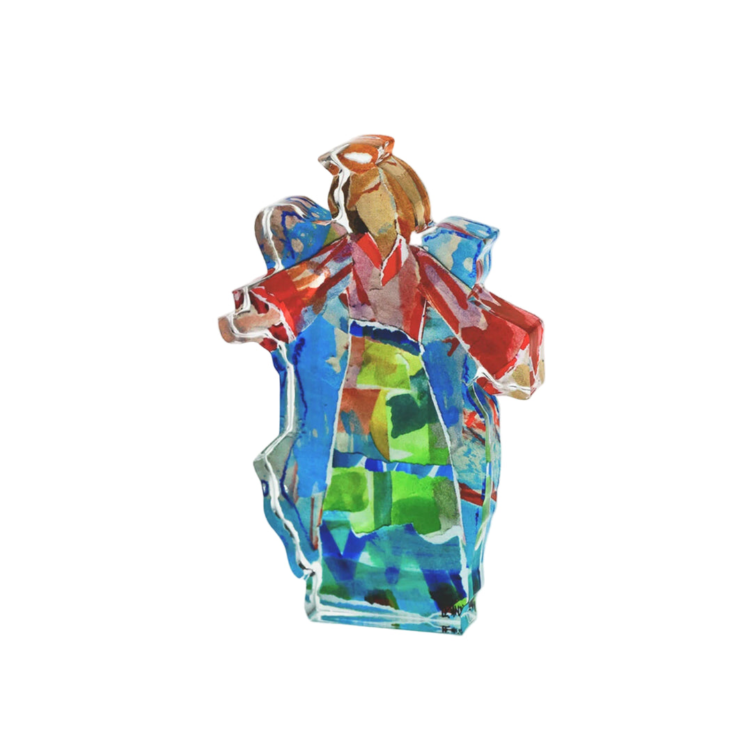 Colorful glass angel figurine on a white background