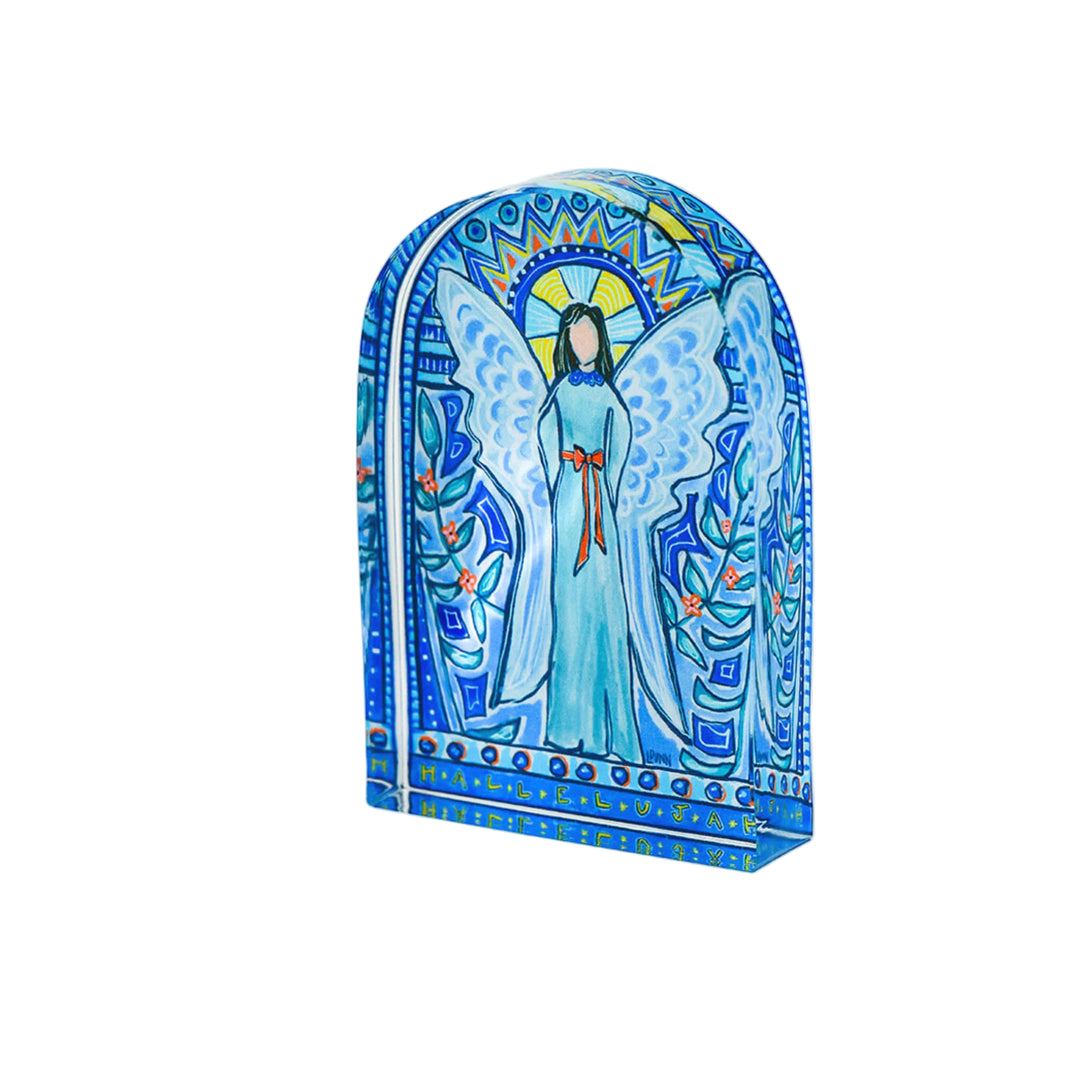 Decorative angel artwork with blue wings and a colorful arch on a white background