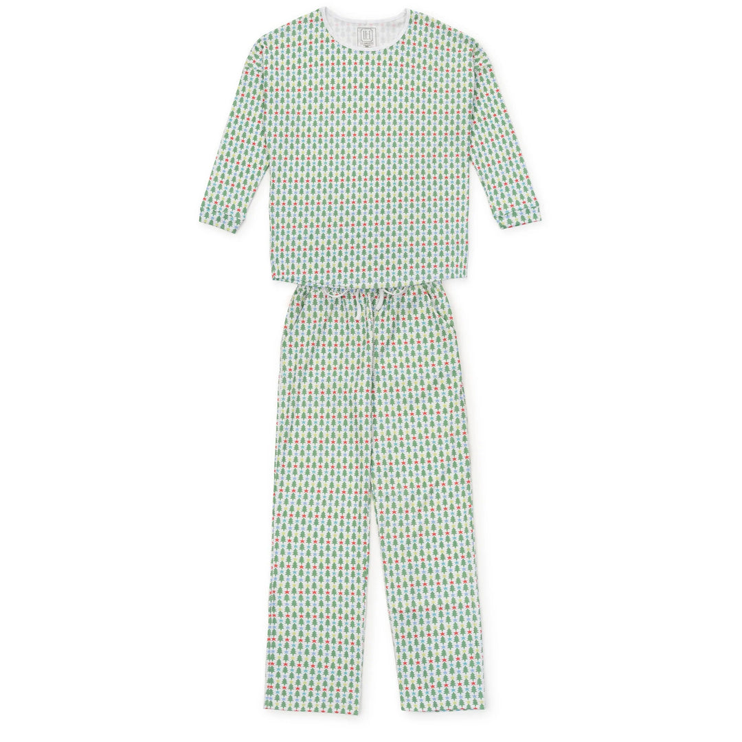 A two-piece pajama set featuring a long-sleeve top and matching pants in a light green and white patterned fabric with small red and yellow accents, displayed flat against a white background.