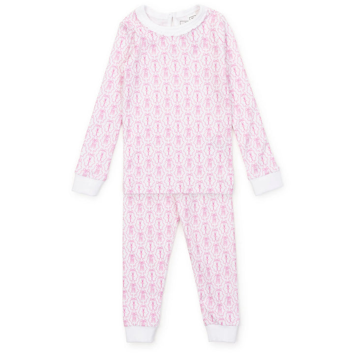 A two-piece long-sleeve pajama set for kids, featuring a light pink and white repeating pattern 