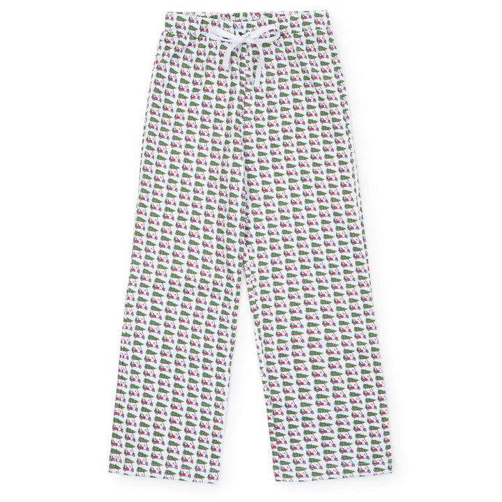 White pants with an all-over repeating pattern of small green and pink cartoon-style figures, shown flat against a plain white background.