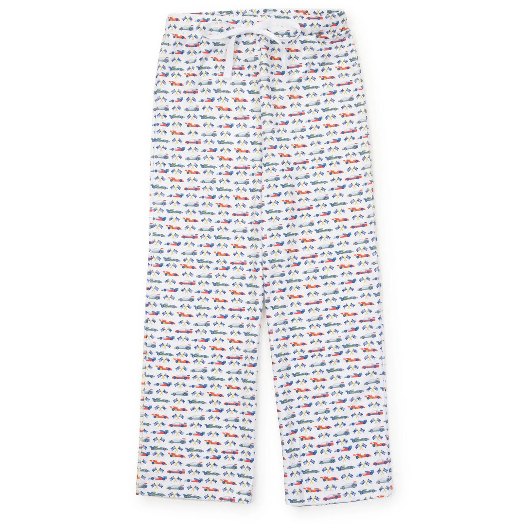 White pants with an all-over repeating pattern of small blue and red race cars