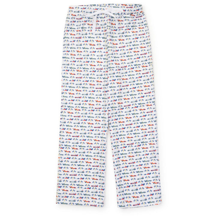 White pants with an all-over repeating pattern of small blue and red race cars