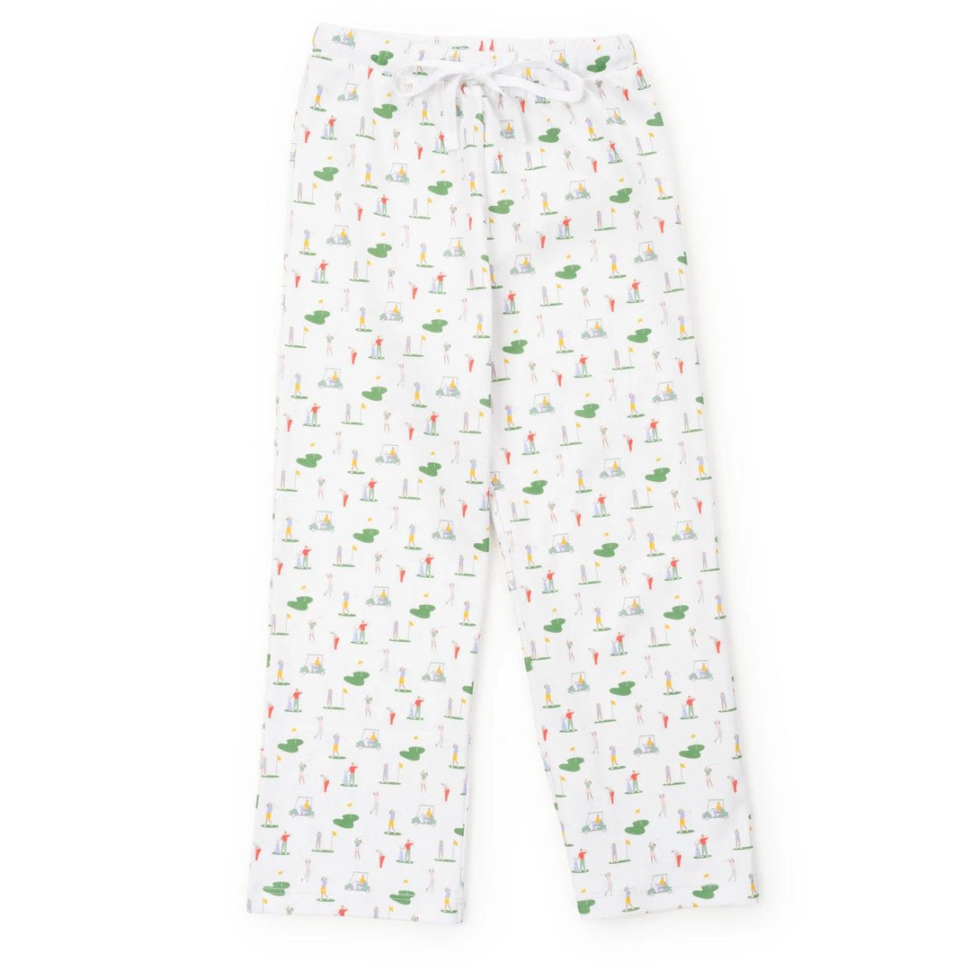 White children's pajama pants with a small repeating pattern of golfers in green, orange, and yellow, featuring an elastic waistband and white drawstring.