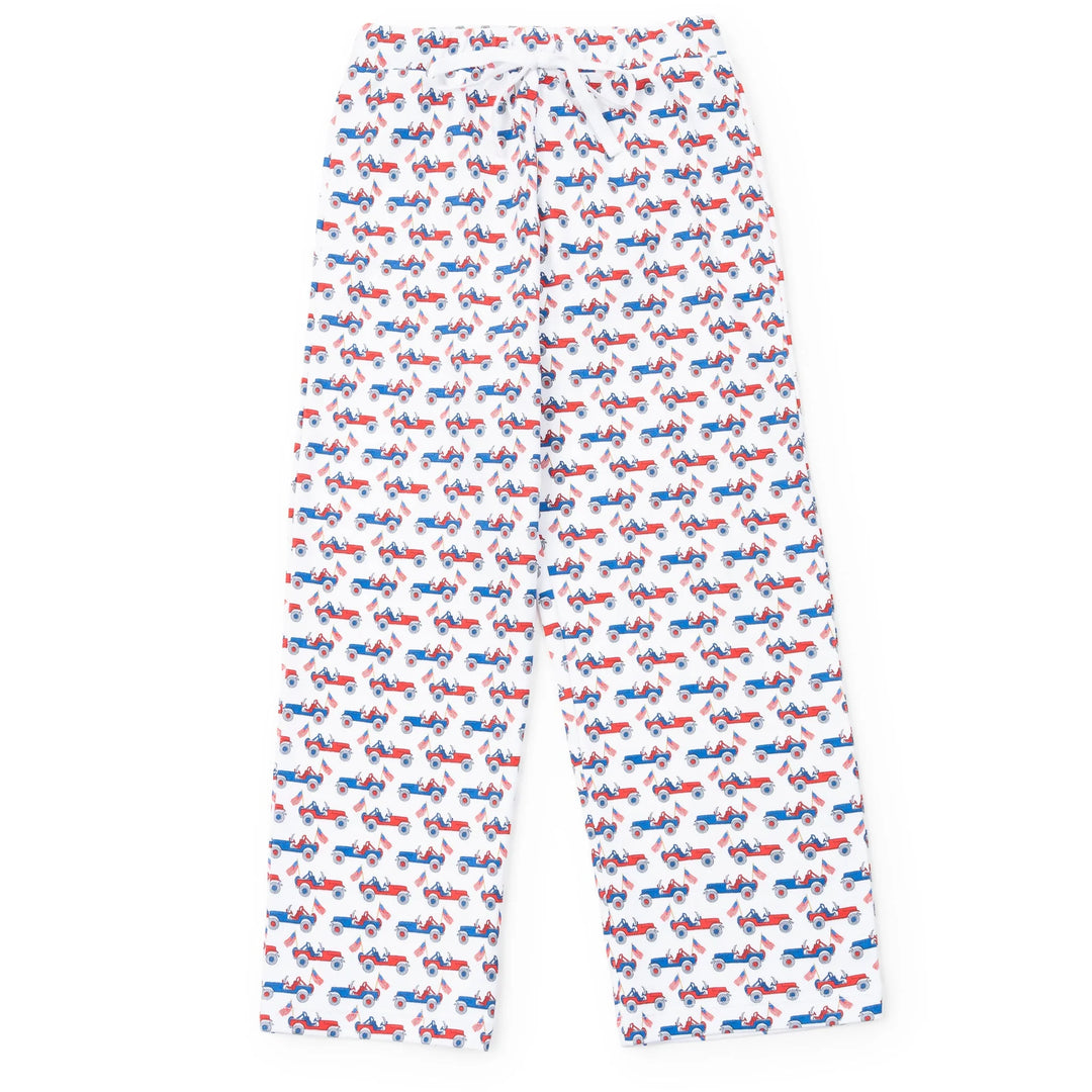 Pajama pants with airplane pattern on a white background
