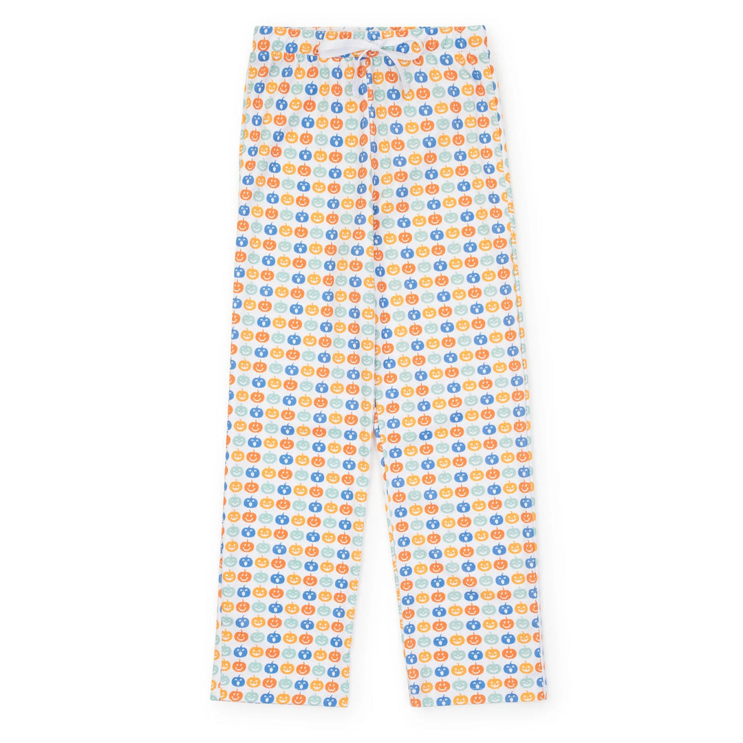 White pants with an all-over repeating pattern of small orange and blue circular icons containing numbers, shown flat against a white background.