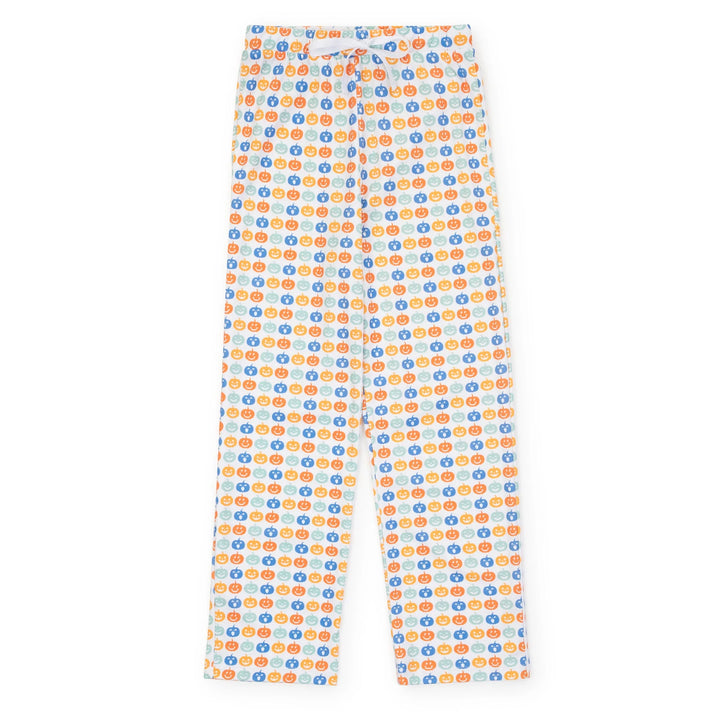White pants with an all-over repeating pattern of small orange and blue circular icons containing numbers, shown flat against a white background.