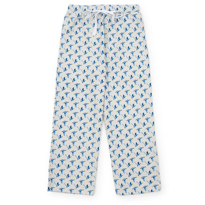 White pajama pants with blue duck
 pattern on a white background