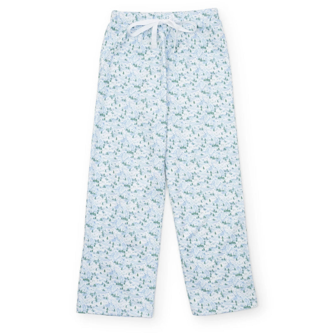 snowy mountain-patterned pajama pants on a white background