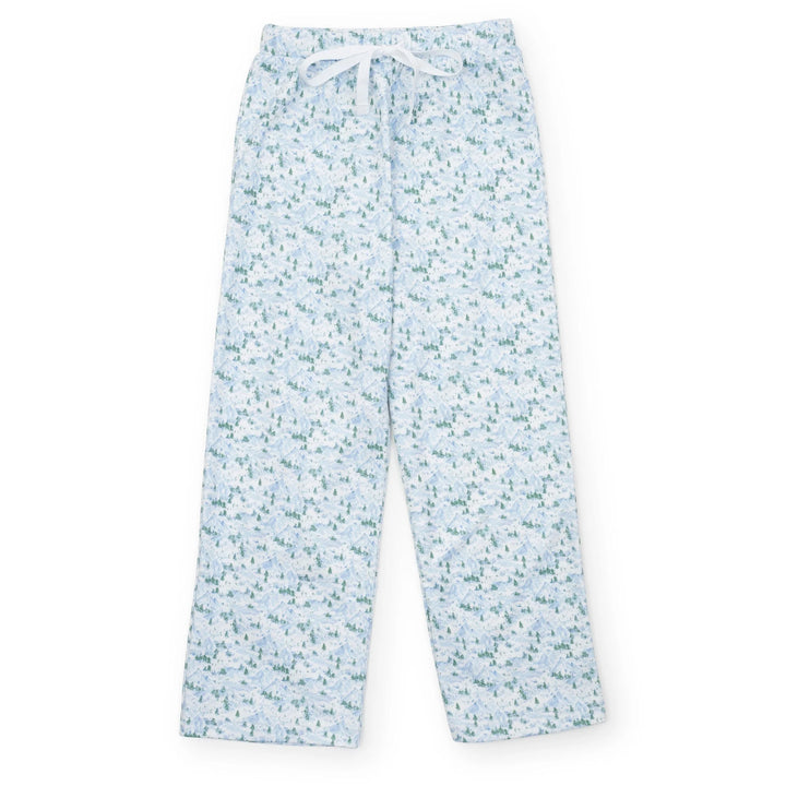 snowy mountain-patterned pajama pants on a white background
