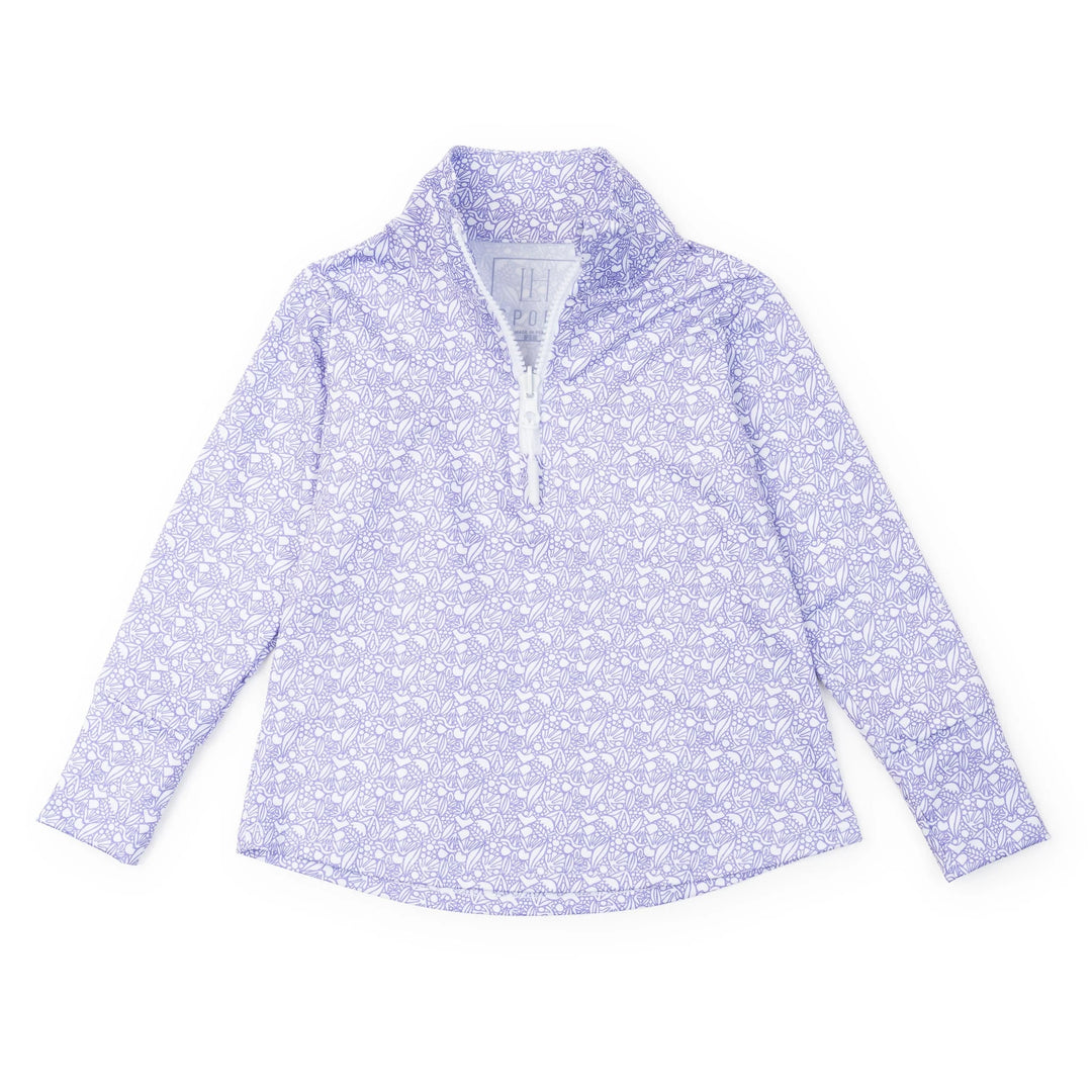 A long-sleeve quarter-zip pullover top with a light purple and white floral pattern, laid flat on a white background.