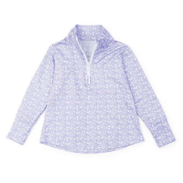 A long-sleeve quarter-zip pullover top with a light purple and white floral pattern, laid flat on a white background.
