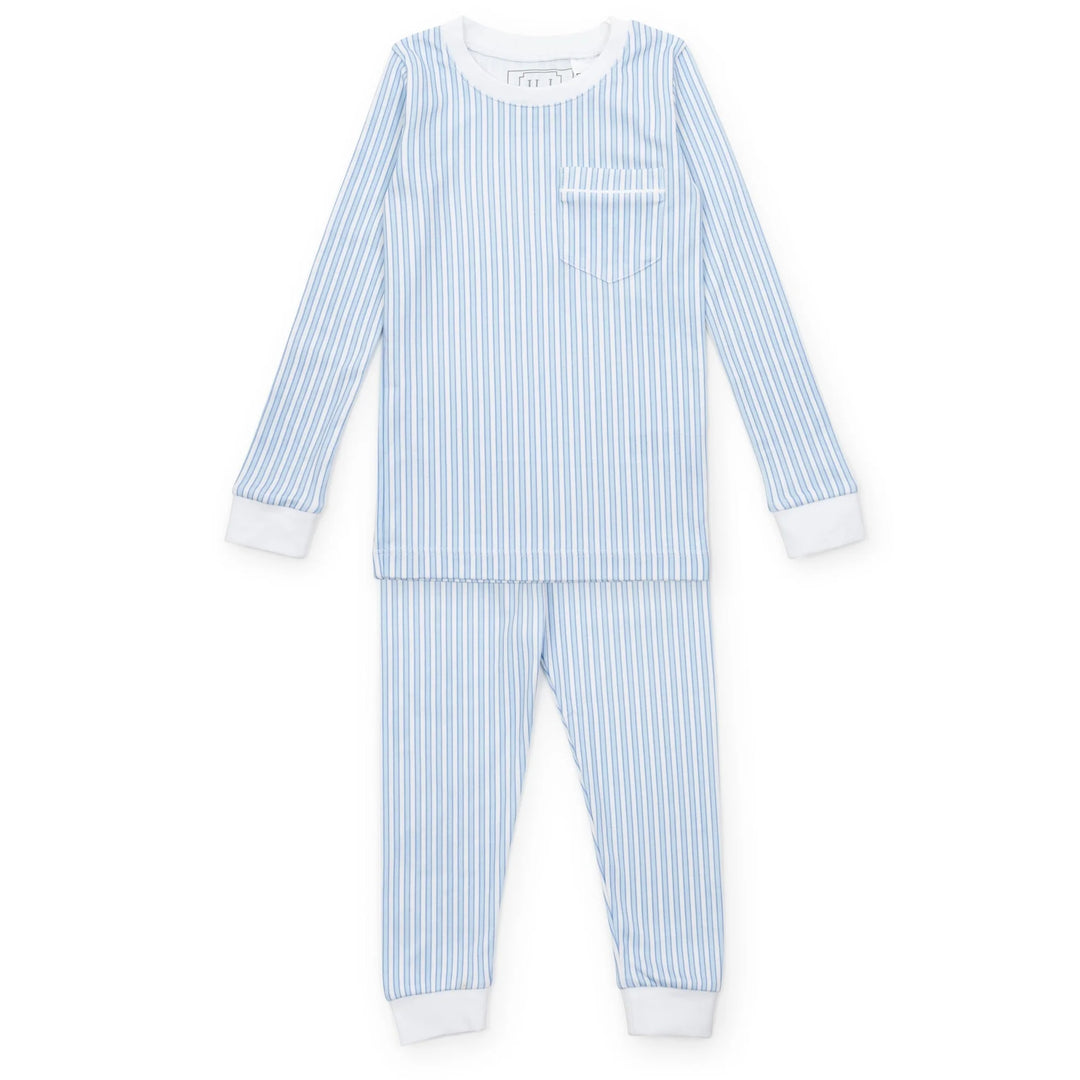 Blue and white striped pajama set on a white background