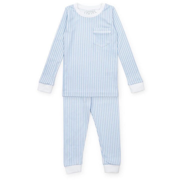 Blue and white striped pajama set on a white background