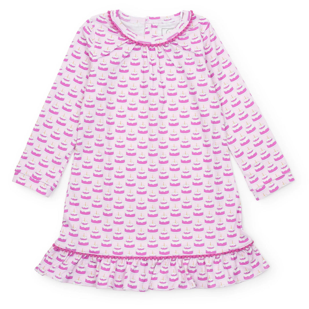 Pink and white birthday cake patterned nightgown dress on a white background