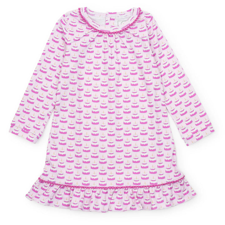 Pink and white birthday cake patterned nightgown dress on a white background