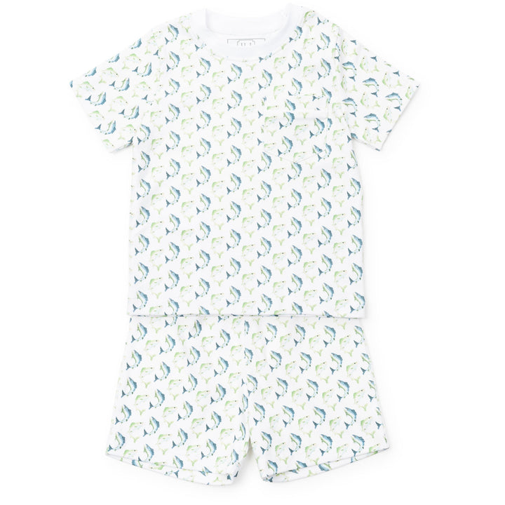 Children's outfit with a pattern of small blue and green trout fish on a white background