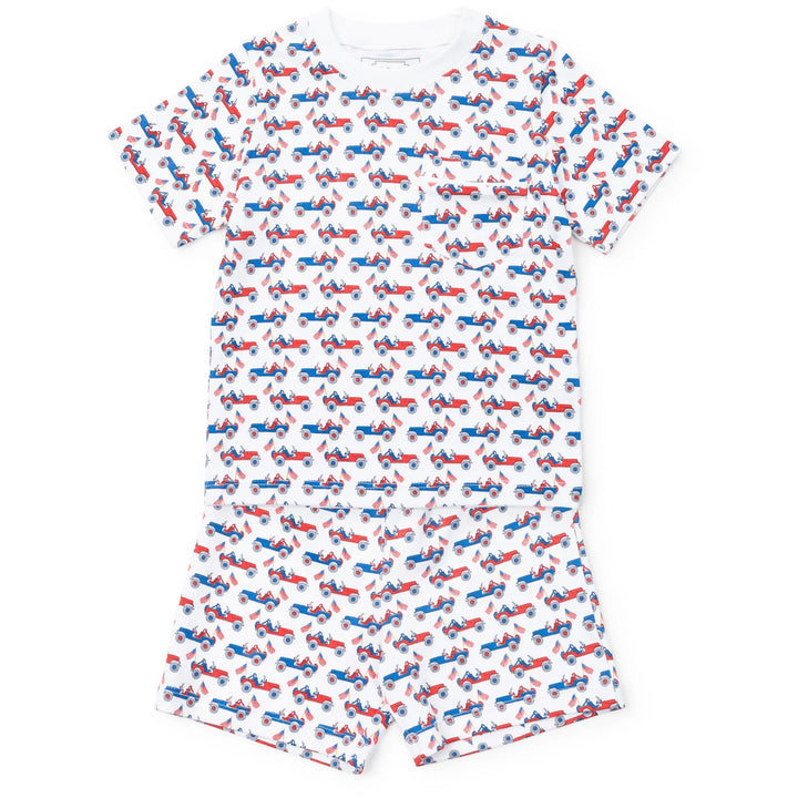 Short-sleeve shirt with airplane pattern on a white background