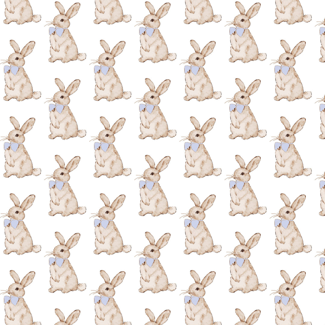 Pattern of beige bunnies with blue bow ties on a white background