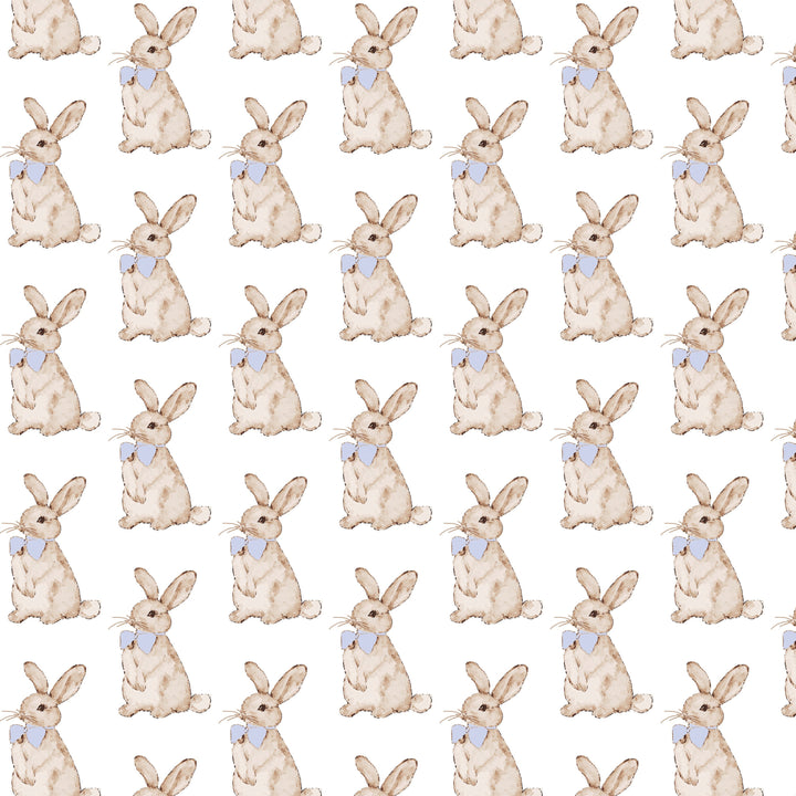 Pattern of beige bunnies with blue bow ties on a white background