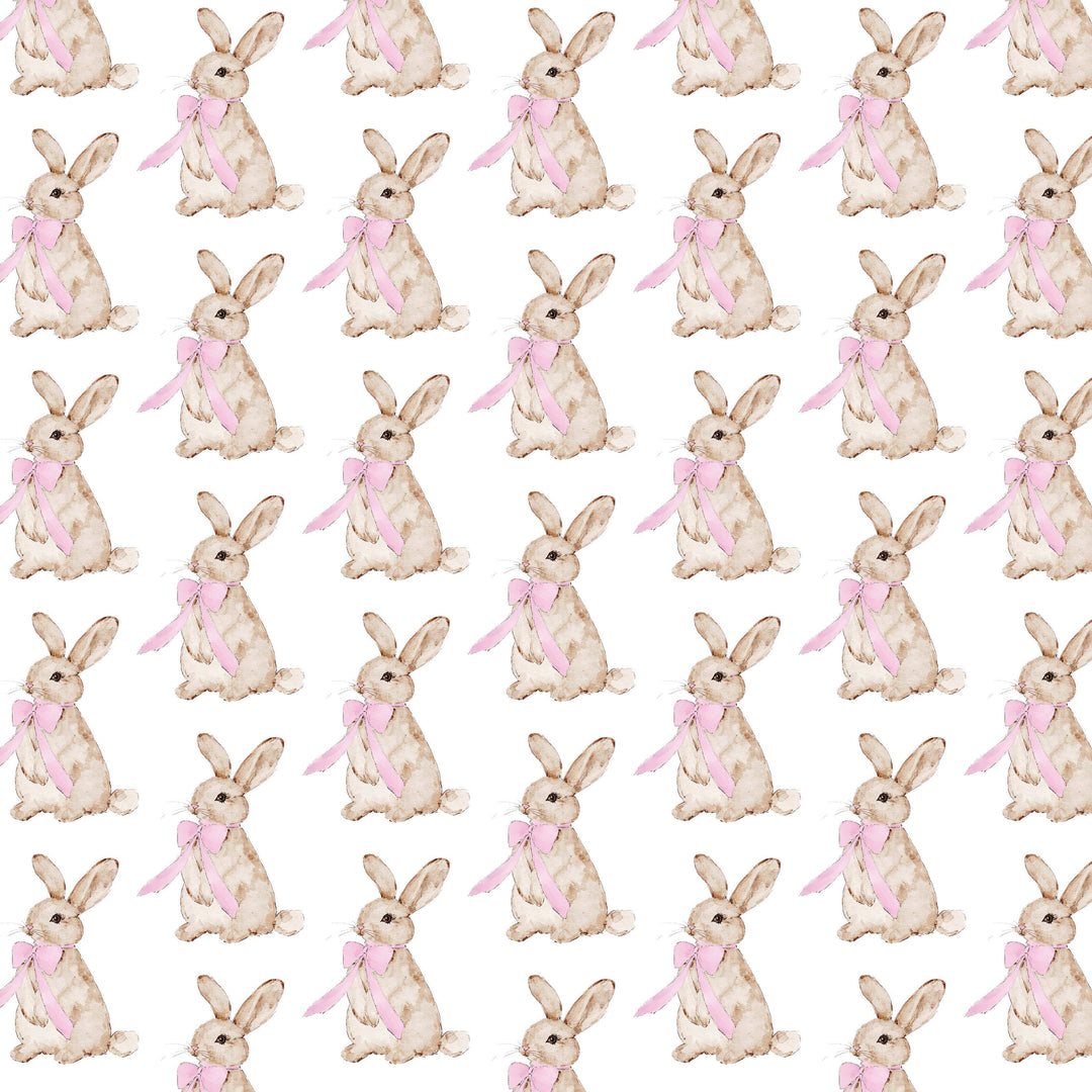 Pattern of rabbits with pink bows on a white background