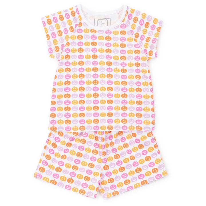 A short-sleeve baby romper with an all-over pattern of orange and pink jack-o&