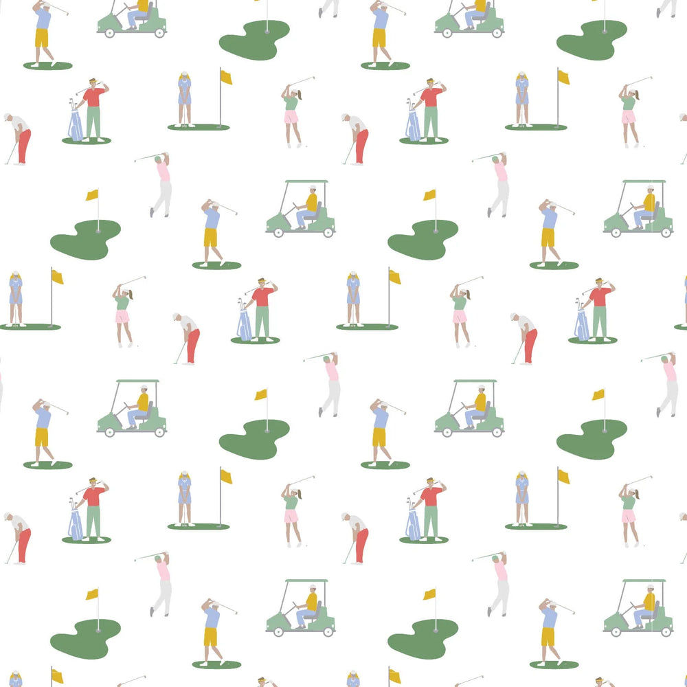 Pattern of cartoon golfers and golf carts on a white background