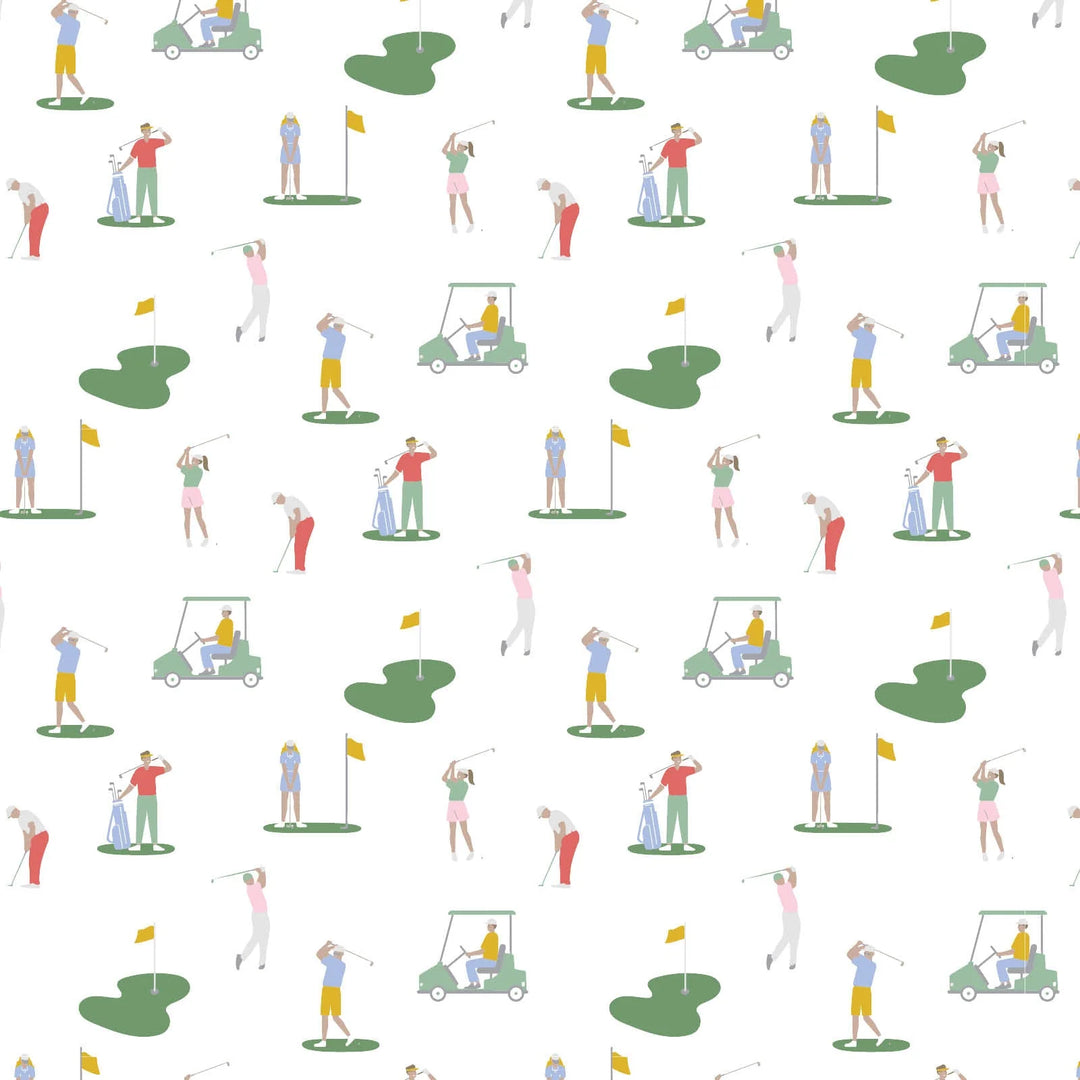 Pattern of cartoon golfers and golf carts on a white background