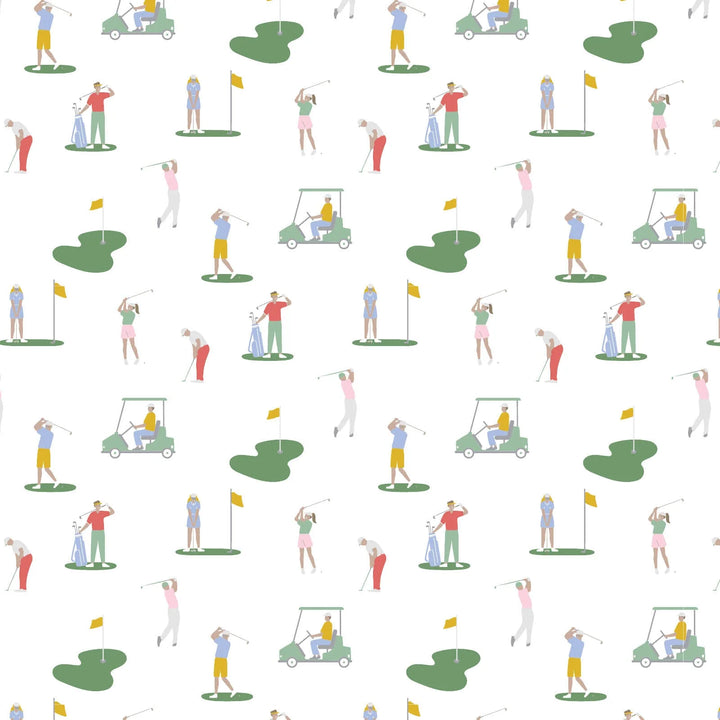 Pattern of cartoon golfers and golf carts on a white background