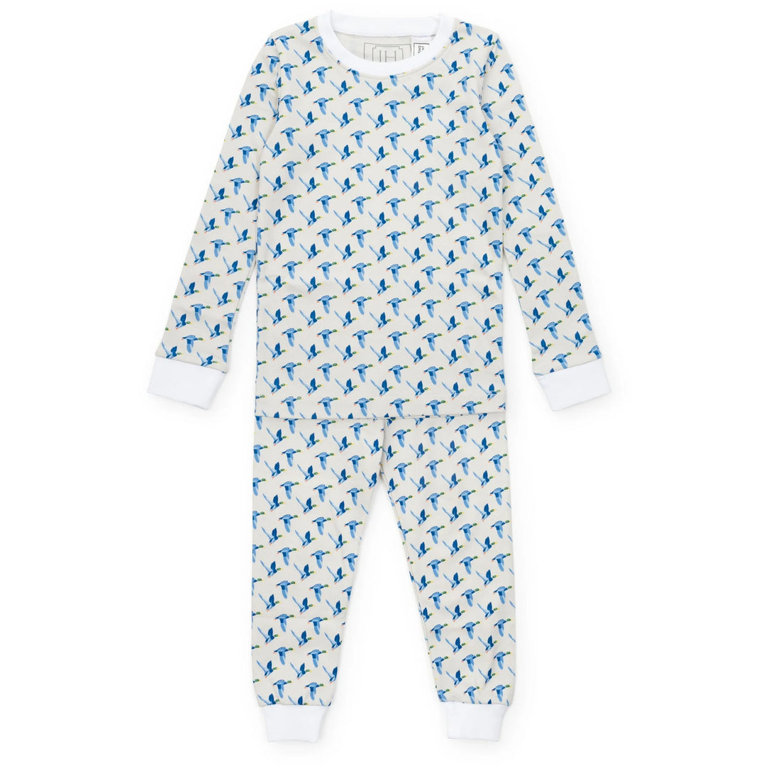 Children's pajama set with blue duck pattern on a white background