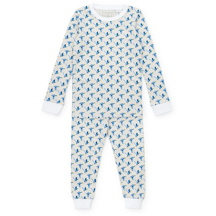 Children's pajama set with blue duck pattern on a white background