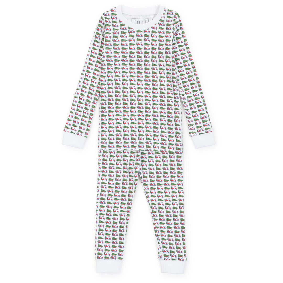 A long-sleeve footed one-piece jumpsuit with a white base and an all-over repeating print in green and pink, photographed flat against a white background.