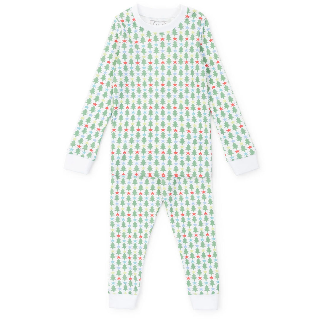 A long-sleeve footed pajama set with a repeating Christmas tree pattern in green and red on a white background, featuring solid white cuffs and ankles.