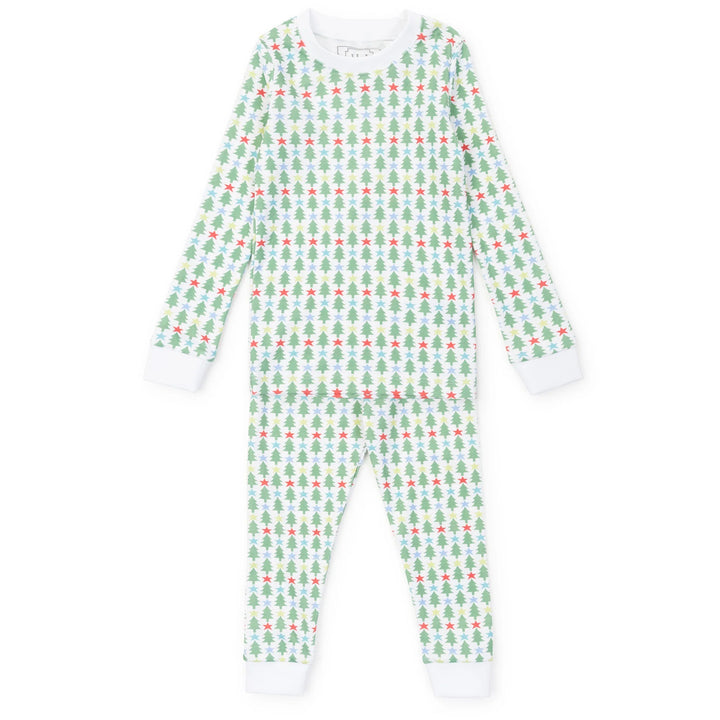 A long-sleeve footed pajama set with a repeating Christmas tree pattern in green and red on a white background, featuring solid white cuffs and ankles.