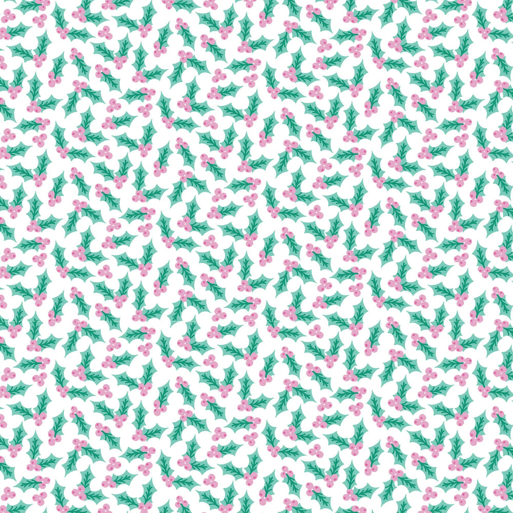 Pattern of green holly leaves and pink berries on a white background