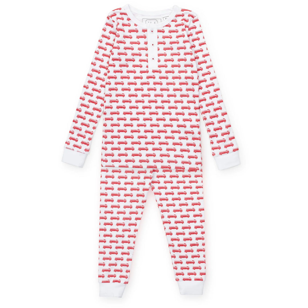 red fire trucks on pajama set