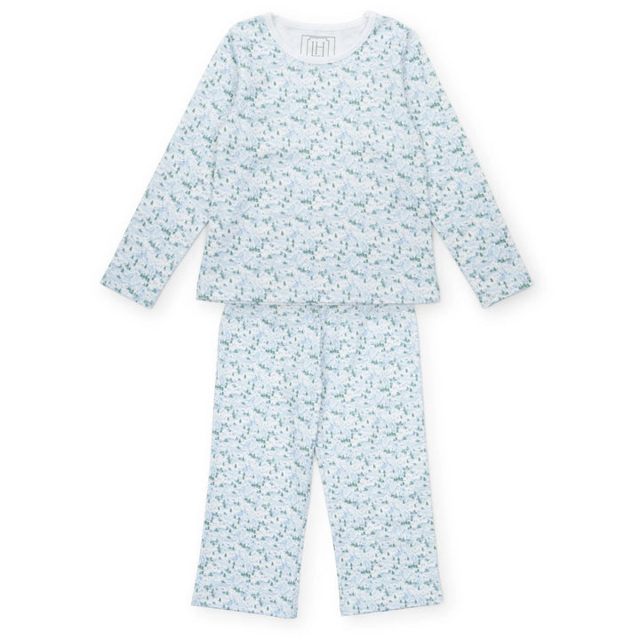 Children's pajama set with a snowy mountain pattern on a white background