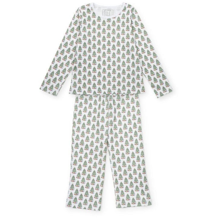 Children's pajama set with Christmas tree pattern on a white background