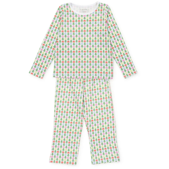A two-piece long-sleeve pajama set featuring a repeating pattern of green pine trees with red bows on a white background, laid flat against a white backdrop.