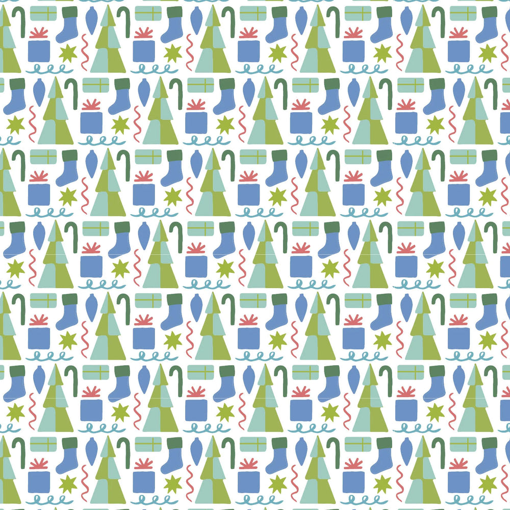 Pattern of Christmas-themed items including trees, presents, and candy canes on a white background.