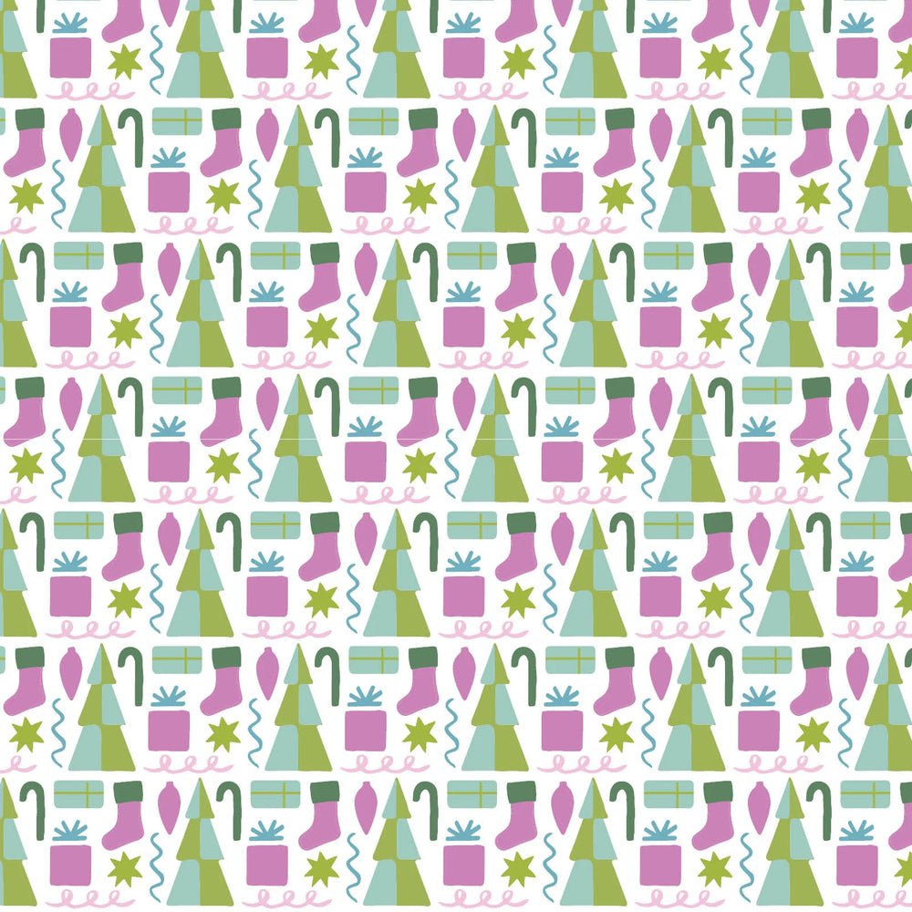 Pattern of Christmas trees, presents, and candy canes on a white background