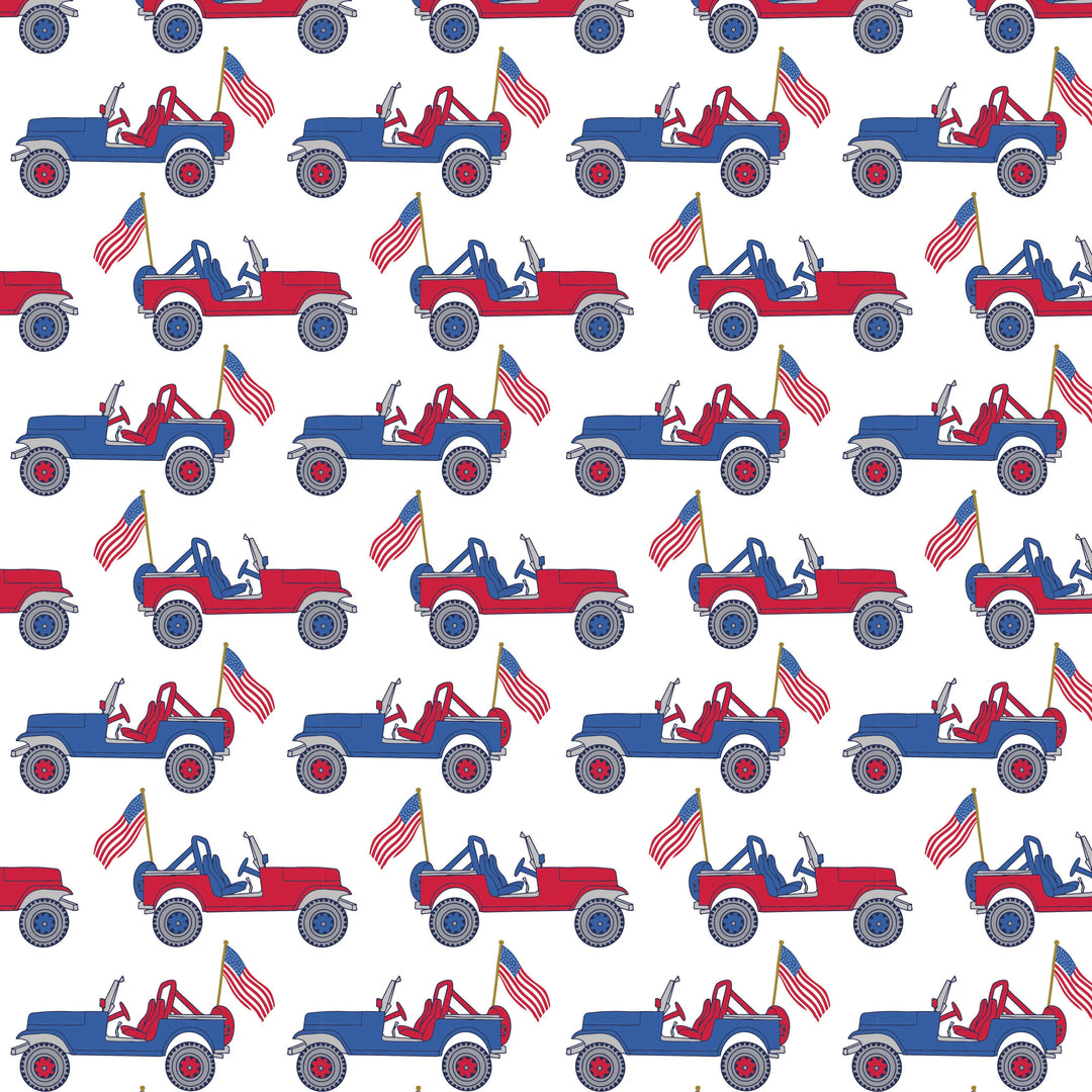 Pattern of red, blue, and white jeeps with people and American flags on a white background.