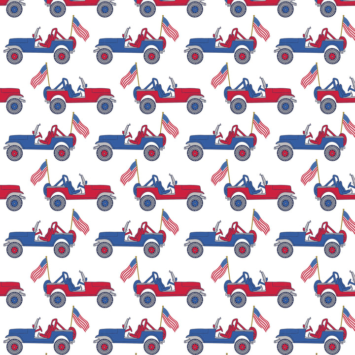 Pattern of red, blue, and white jeeps with people and American flags on a white background.