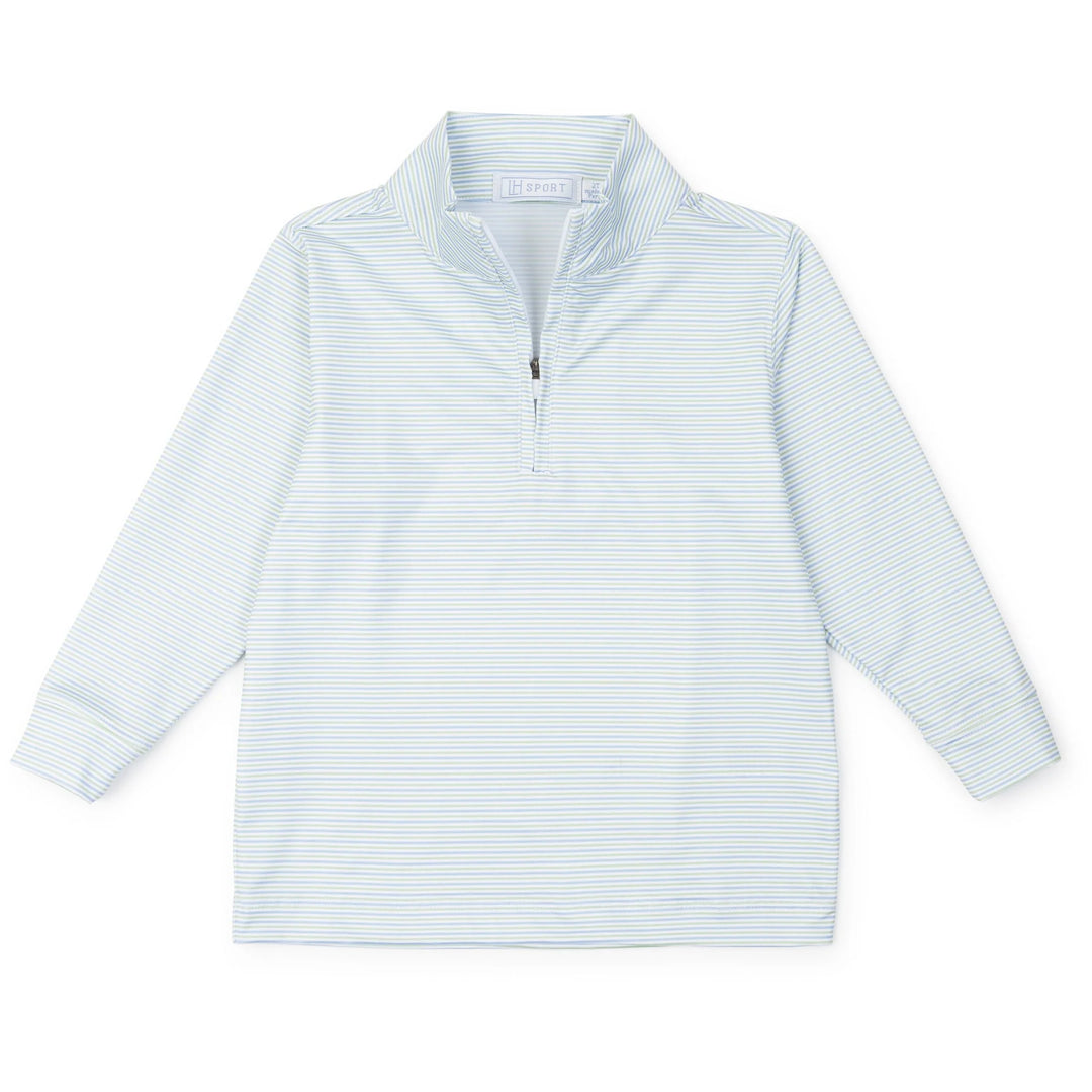 Light blue and white striped long-sleeve shirt on a white background