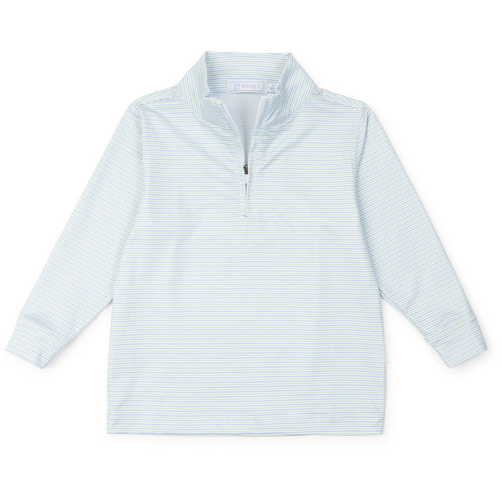Light blue and white striped long-sleeve shirt on a white background