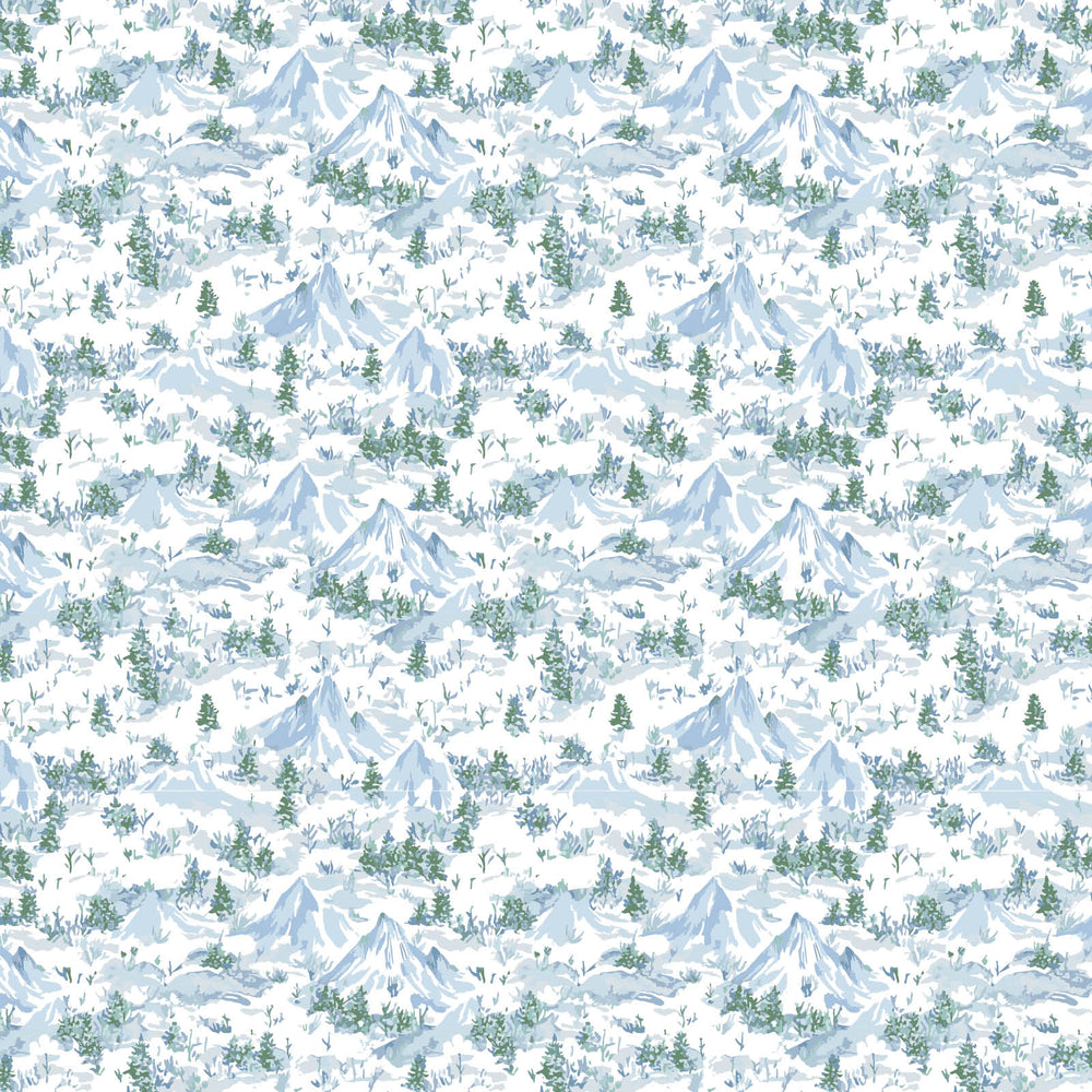 Repeating pattern of snow-covered mountains and trees on a white background