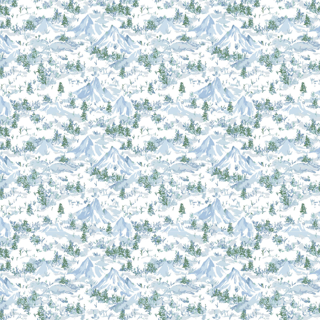 Repeating pattern of snow-covered mountains and trees on a white background