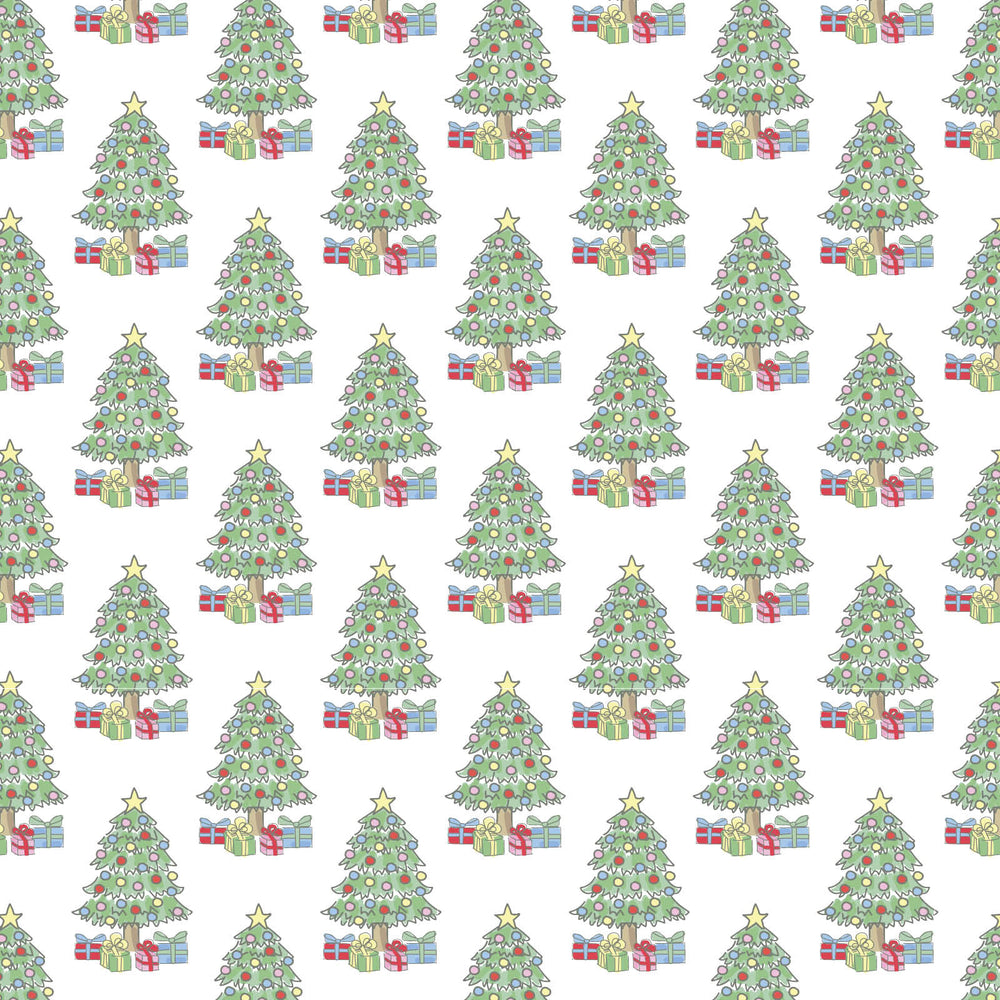 Pattern of Christmas trees and presents on a white background